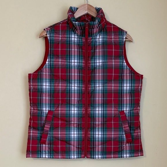 Lands’ End | Classic Red White Green Plaid Zip Front Down Puffer Vest M (8-10) - Picture 1 of 17